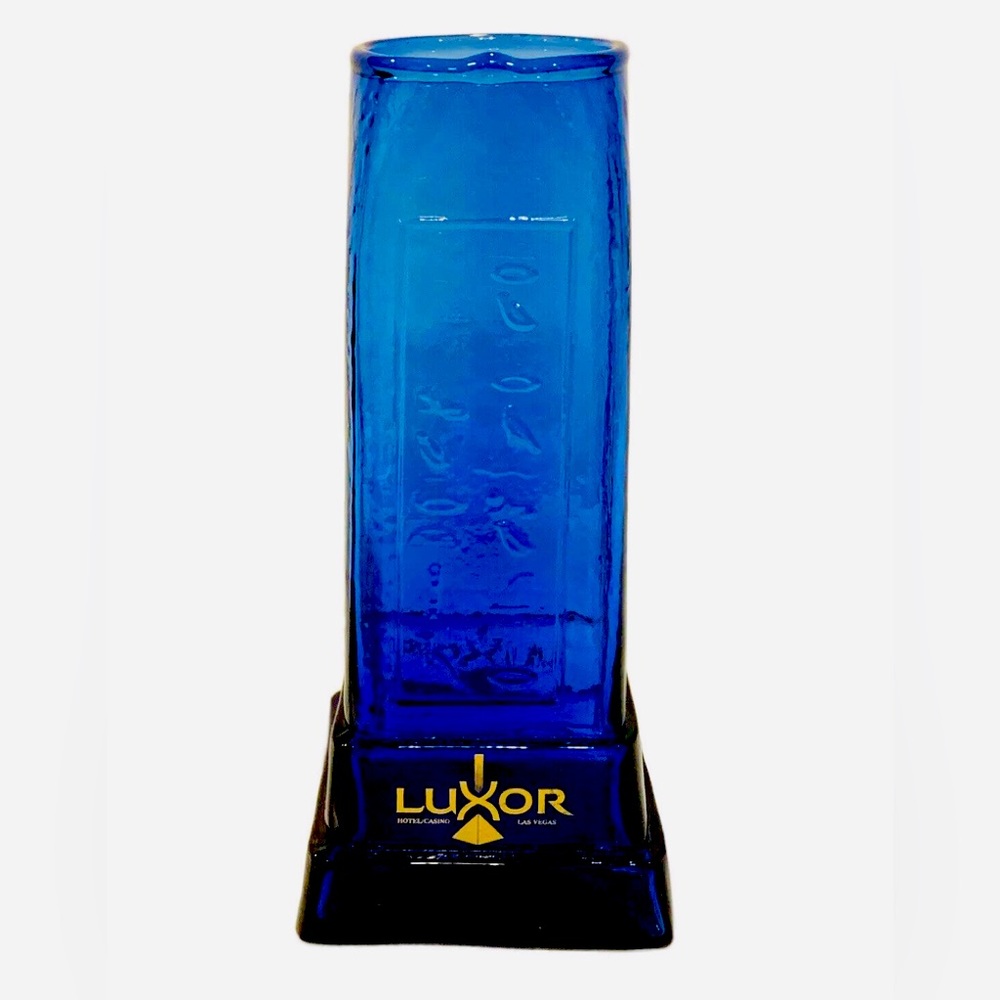 Vintage Cobalt Blue Luxor Casino Hotel Egyptian Glass Vase Carafe w Hieroglyphic